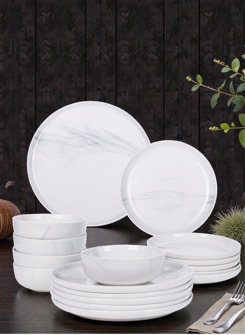 18 piece Porcelain Dinnerware Set, Set for 6, Microwave & Dishwasher Safe, Marble White Design